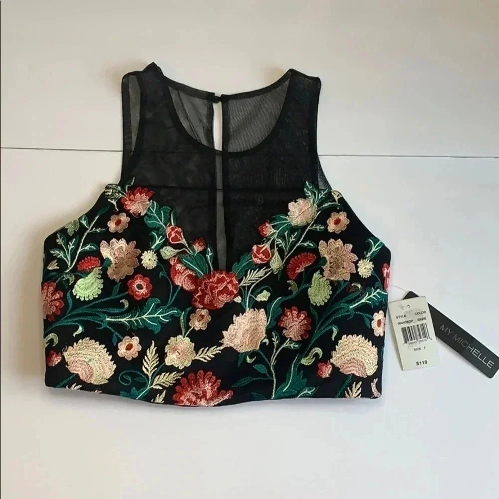 My Michelle Floral Lace Crop Top Black NWT